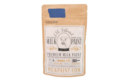 This Milk Paint color is "Federal blue" color - Bright cobalt blue. Comes in a powder form, you can control how thick/thin you mix the paint. Use it as you would regular paint, thinner for a wash/stain or thicker to create texture. Environmentally safe, non-toxic & is food safe. 100% VOC free. Powder Paint. Made in USA