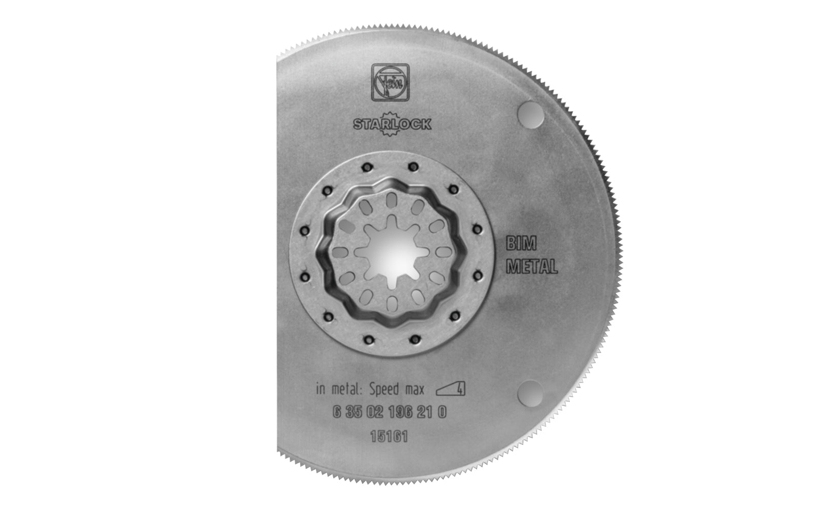 Fein Tools 4" (100 mm) Segmented Metal BIM HSS Blade - 196 Blade. Bimetal for long service life. Metal toothing for sheet metal up to approx. 1/16"  (1 mm). Also for plastics, GFRP, wood, glazing compound, brass & bronze. Work flush with the surface. BiMetal circular shape. Round blade. Starlock Plus mounting system.
