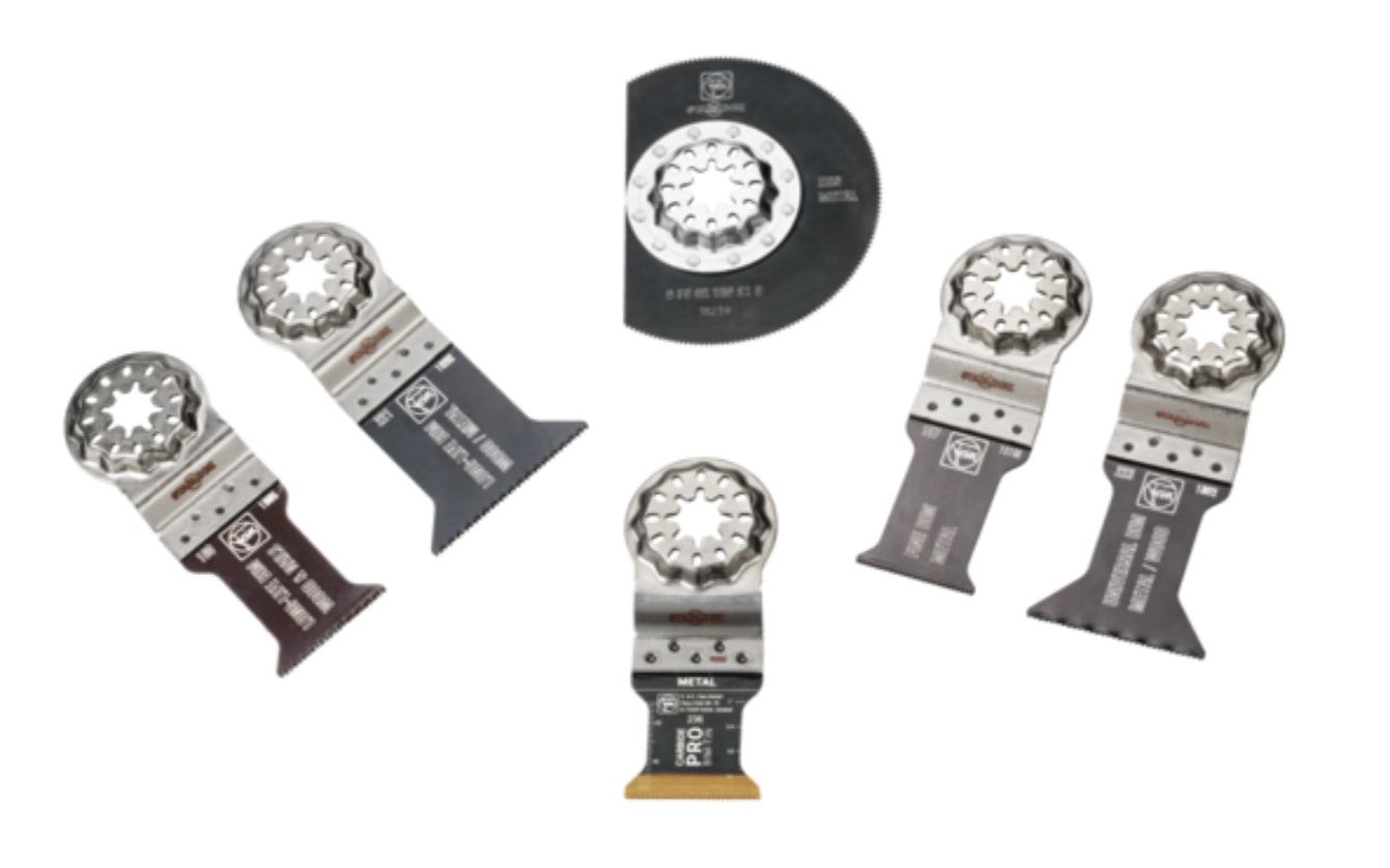 Fein Tools "Best of Metal" 6-piece saw blades designed for processing hardened & non-hardened metals. Includes plastic storage box. (1) E-Cut CarbidePRO saw blade, E-Cut Long Life saw blade each, E-Cut universal saw blade, E-Cut fine saw blade, HSS segment saw blade. Made in Germany. 35222967270. 4014586444215