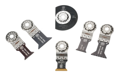 Fein Tools "Best of Metal" 6-piece saw blades designed for processing hardened & non-hardened metals. Includes plastic storage box. (1) E-Cut CarbidePRO saw blade, E-Cut Long Life saw blade each, E-Cut universal saw blade, E-Cut fine saw blade, HSS segment saw blade. Made in Germany. 35222967270. 4014586444215