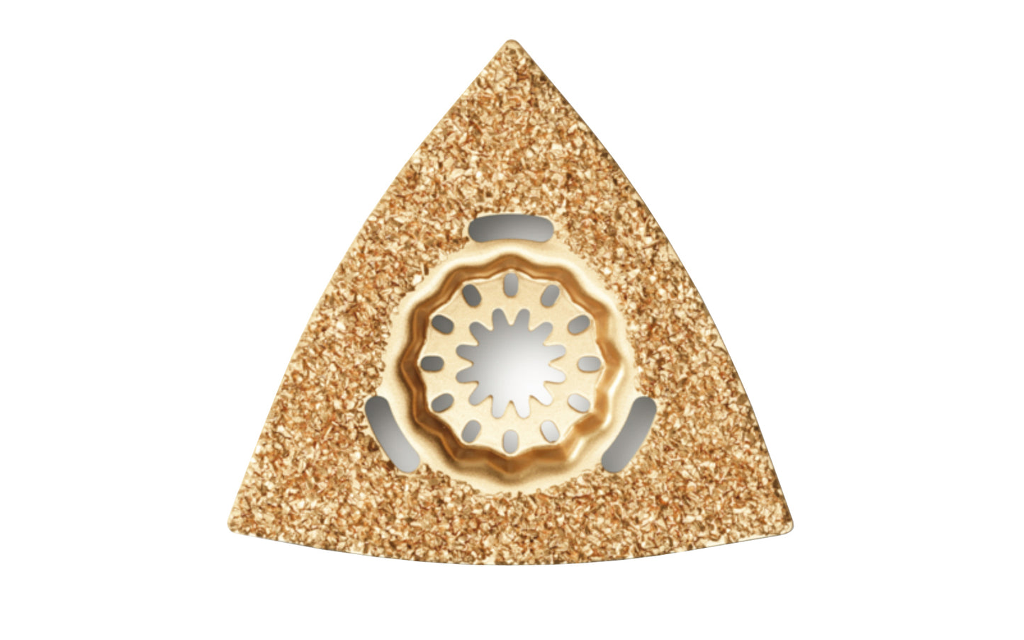 Fein Tools Carbide Triangle Grout Blade - 001 Blade. For coarse grinding of filler material, tile adhesive, concrete, stone, & wood. Triangular shape, 3-1/8" (80 mm) edge length, perforated, can also be used with dust extraction. Starlock mounting system. 63731001210.   Made in Poland 