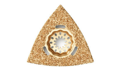 Fein Tools Carbide Triangle Grout Blade - 001 Blade. For coarse grinding of filler material, tile adhesive, concrete, stone, & wood. Triangular shape, 3-1/8" (80 mm) edge length, perforated, can also be used with dust extraction. Starlock mounting system. 63731001210.   Made in Poland 
