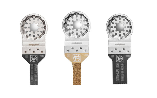 Fein Tools "Combo MiniCut" Set ideal for small cut-outs & work in narrow spaces, including various installation work, switch installation, model-building, & more. 13/16" & 3/8" E-Cut Long Life Wood / Metal Saw Blades, 3/8" Carbide Rasp blade.   Made in Germany. "Starlock" Mounting system. 35222967090. 4014586440446