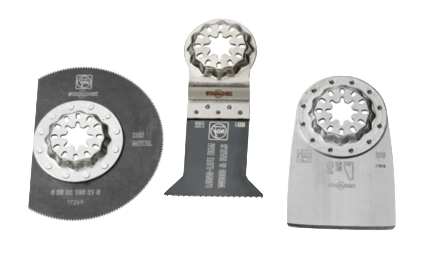 Fein Tools "Combo Renovation Set" designed for renovation work on floors. for all FEIN MultiTools & all other commercially available multi-tools with the Starlock mount. E-Cut Long Life Wood / Metal Saw Blade, Rigid Scraper blade, HSS Segmented Saw Blade.   Made in Germany. 35222967290. 4014586444239