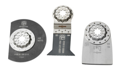 Fein Tools "Combo Renovation Set" designed for renovation work on floors. for all FEIN MultiTools & all other commercially available multi-tools with the Starlock mount. E-Cut Long Life Wood / Metal Saw Blade, Rigid Scraper blade, HSS Segmented Saw Blade.   Made in Germany. 35222967290. 4014586444239