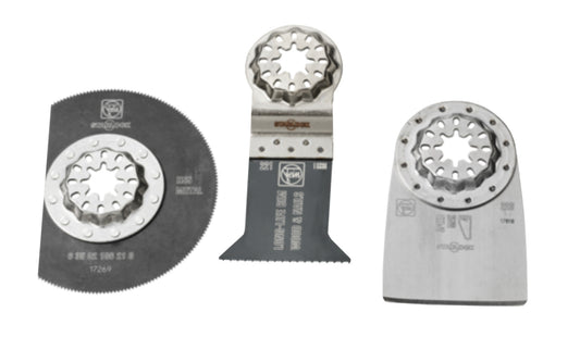 Fein Tools "Combo Renovation Set" designed for renovation work on floors. for all FEIN MultiTools & all other commercially available multi-tools with the Starlock mount. E-Cut Long Life Wood / Metal Saw Blade, Rigid Scraper blade, HSS Segmented Saw Blade.   Made in Germany. 35222967290. 4014586444239