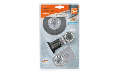 Fein Tools "Combo Renovation Set" designed for renovation work on floors. for all FEIN MultiTools & all other commercially available multi-tools with the Starlock mount. E-Cut Long Life Wood / Metal Saw Blade, Rigid Scraper blade, HSS Segmented Saw Blade.   Made in Germany. 35222967290. 4014586444239