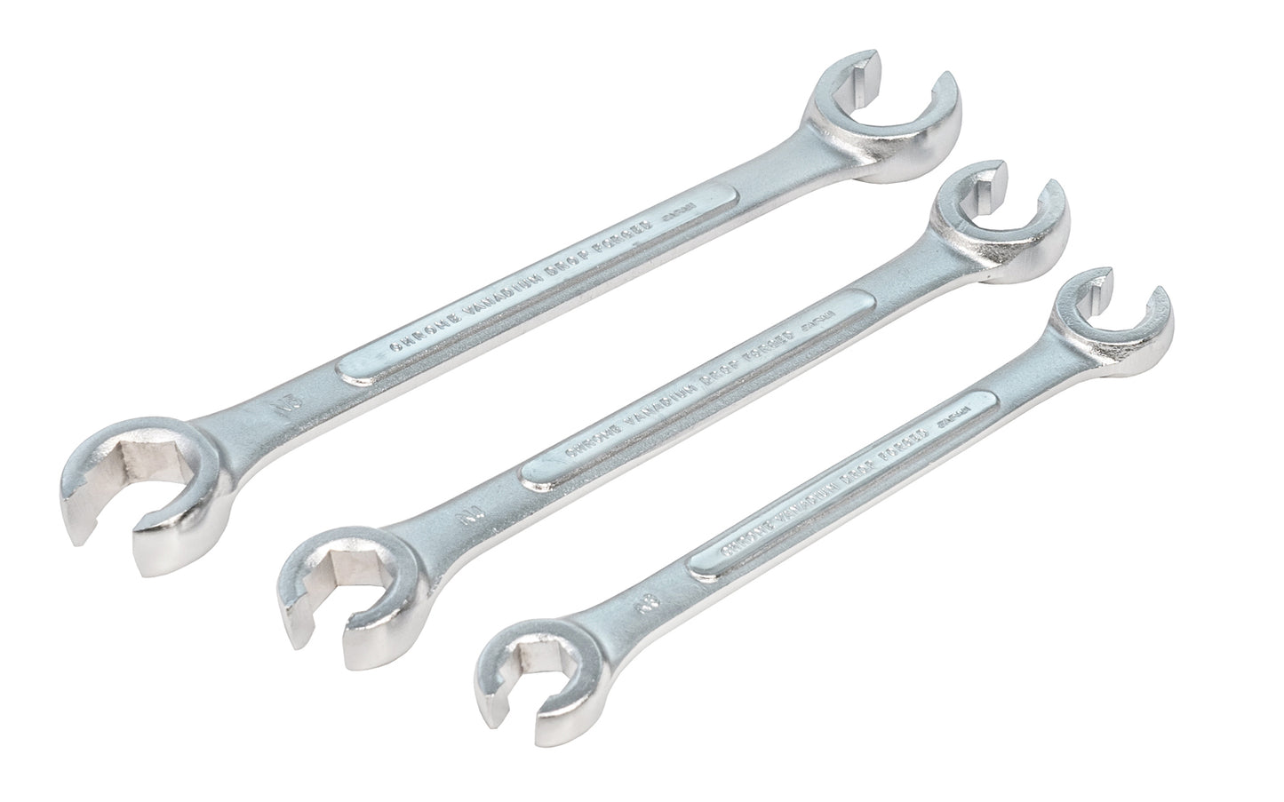 Made in Japan. 3-piece SAE flare nut wrench set offers a size range from 3/8" to 11/16". Designed to grip all six sides of a nut. Great for use on hex nuts made of softer materials. Great for brake line nuts & fittings. Wrench sizes include:  3/8" x 7/16",   1/2" x 9/16",   5/8" x 11/16". Standard Flare Nut Wrench Set