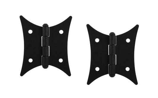 Vintage-style Hardware · Attractive & traditional butterfly cabinet hinges with a flat black finish on steel material. 2-3/8" x 2" size hinge. Designed in an early American / Colonial style, but good for other different decors as well. Surface mount hinge for furniture & cabinets. Fixed pins on hinges. Sold in pairs. 
