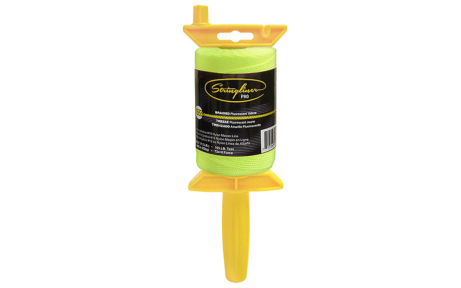 Stringliner Braided Mason Line - Fluorescent Yellow. Stringliner PRO Mason's Line Reloadable Reels are made of durable polyethylene, with a USA-made handle that allows you to quickly change rolls. Pro Reel fits all Stringliner rolls from 4" to 6" long. Available in 250', 500' & 1000' length rolls. #18 nylon mason line