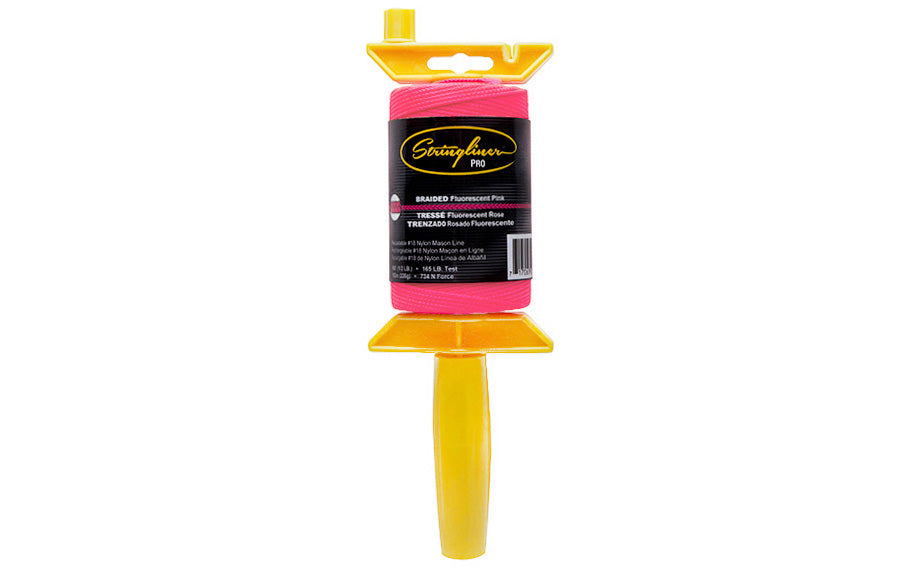 Stringliner Braided Mason Line - Fluorescent Pink. Stringliner PRO Mason's Line Reloadable Reels are made of durable polyethylene, with a USA-made handle that allows you to quickly change rolls. Pro Reel fits all Stringliner rolls from 4" to 6" long. Available in 250', 500' & 1000' length rolls. #18 nylon mason line