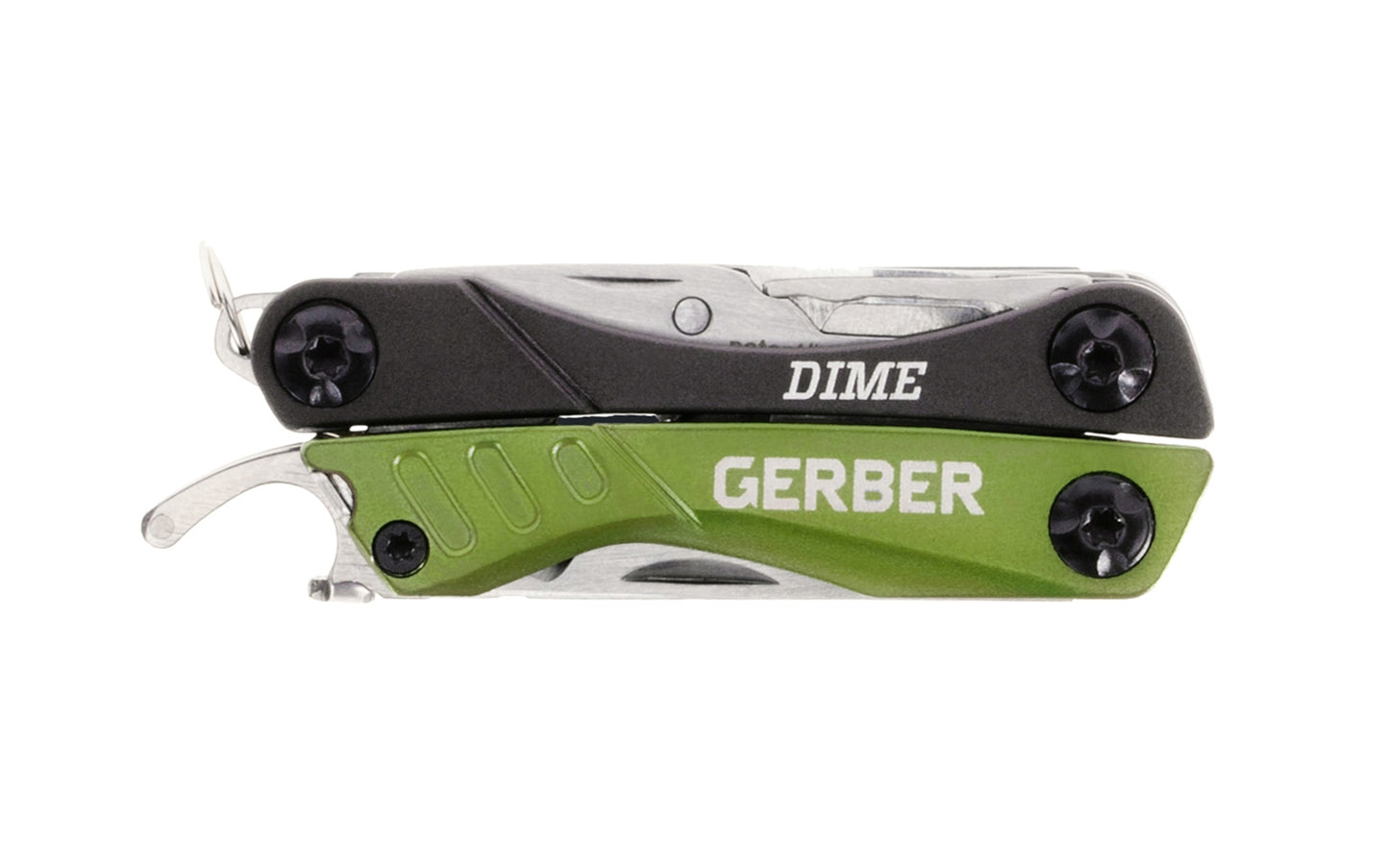 Gerber Dime 12-Tool Multi-Plier. Dime Micro tool features: Needle nose spring-loaded pliers, wire cutter, fine edge blade, retail package opener, scissors, medium flat driver, crosshead driver, bottle opener, tweezers, & file. Compact & lightweight. Overall length: 4-1/4" Closed length: 2-3/4"
