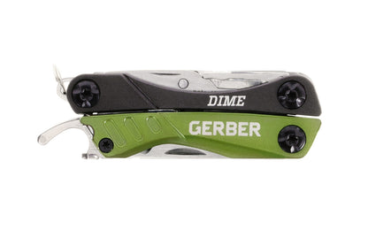 Gerber Dime 12-Tool Multi-Plier. Dime Micro tool features: Needle nose spring-loaded pliers, wire cutter, fine edge blade, retail package opener, scissors, medium flat driver, crosshead driver, bottle opener, tweezers, & file. Compact & lightweight. Overall length: 4-1/4" Closed length: 2-3/4"