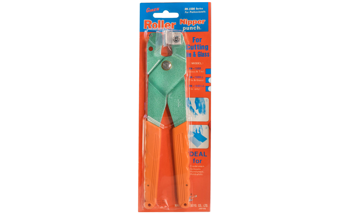 Japanese Giken Roller Nipper pliers are good for cutting tile & glass. Break the glass with a little force by making a cut line with a roller blade, & then lightly pinching it with nippers. Tungsten carbide tipped roller blade wheel on tip. Giken Roller Nipper Punch Model RN-1500 - Giken Kogyo, Co. LTD. Made in Japan.