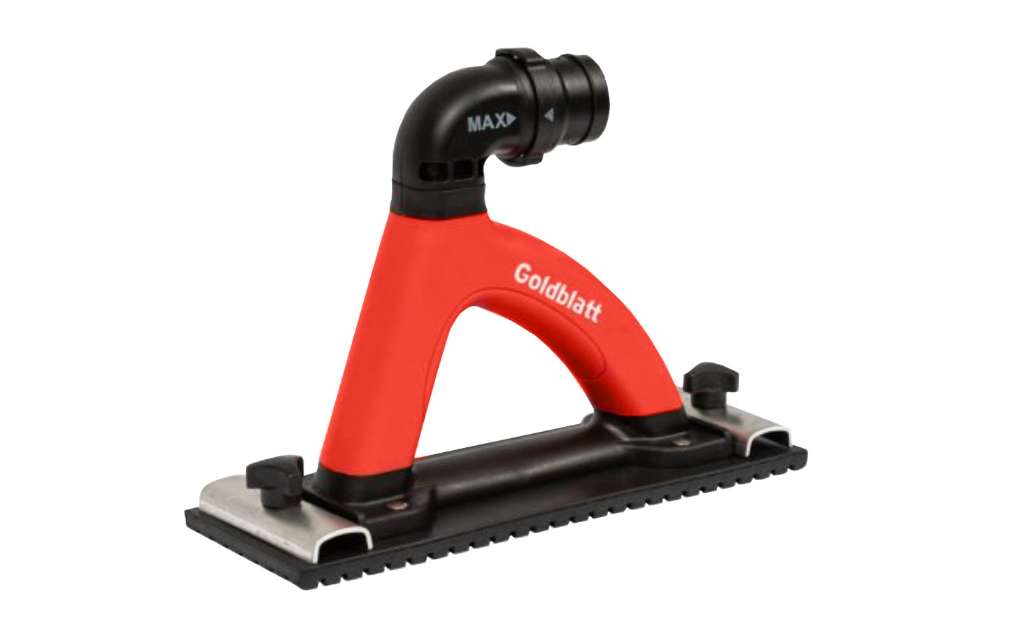 Goldblatt Dust Free Hand Sander designed for use with standard 11-1/4" die-cut sanding screen sheets. Includes 6 ft. hose, coupler, & adapter for compatibility with most shop-type vacuums. Adjustable air-flow for variable vacuum force. Compatible with most standard shop type vacuums. Model G05028. 084389050283