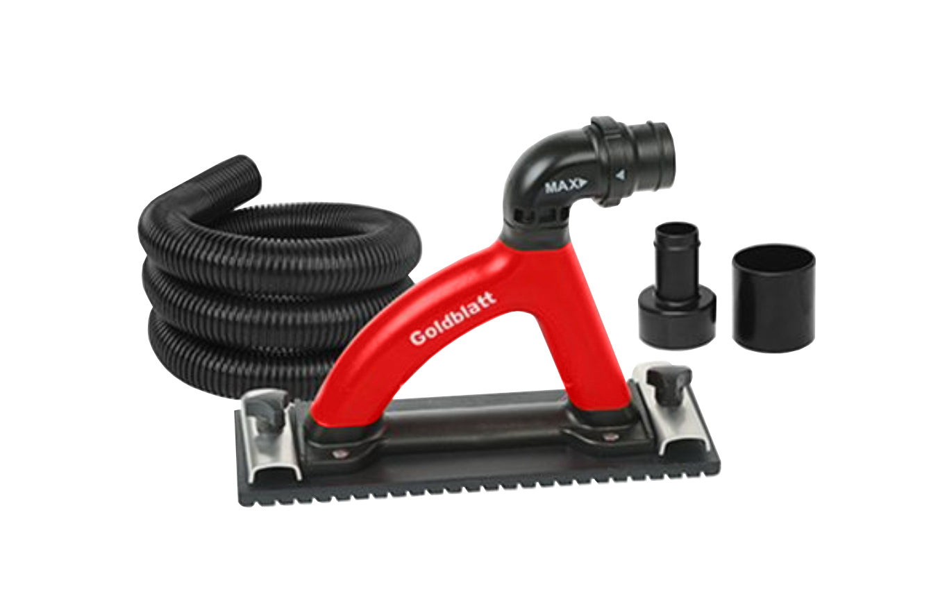 Goldblatt Dust Free Hand Sander designed for use with standard 11-1/4" die-cut sanding screen sheets. Includes 6 ft. hose, coupler, & adapter for compatibility with most shop-type vacuums. Adjustable air-flow for variable vacuum force. Compatible with most standard shop type vacuums. Model G05028. 084389050283