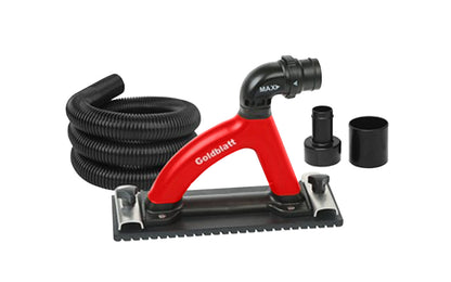Goldblatt Dust Free Hand Sander designed for use with standard 11-1/4" die-cut sanding screen sheets. Includes 6 ft. hose, coupler, & adapter for compatibility with most shop-type vacuums. Adjustable air-flow for variable vacuum force. Compatible with most standard shop type vacuums. Model G05028. 084389050283