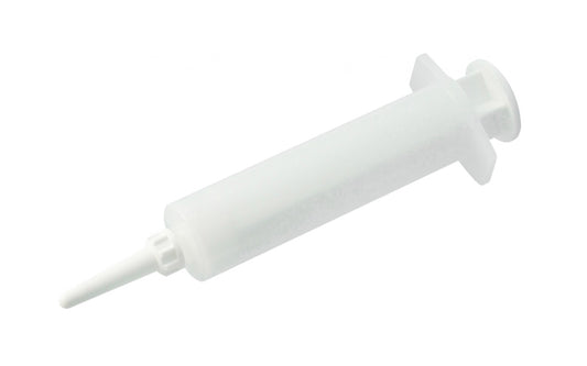 A glue injector made of plastic construction. Includes a cap for the tip. These injectors can be used over & over again. Also useful for grease, oil, etc.  15 cubic centimeter capacity size.  Made in USA.