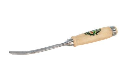 Model 1471-10MM. A 10 mm Curved Gouge made by Two Cherries in Germany. It has an upturned curve in the length of the blade. The bevel is on the outside of the blade & is great for use in working concave hollows. Two Cherries Series 1471.    High carbon steel - Tempered to Rc61 Rockwell. Steel ferrule. Made in Germany