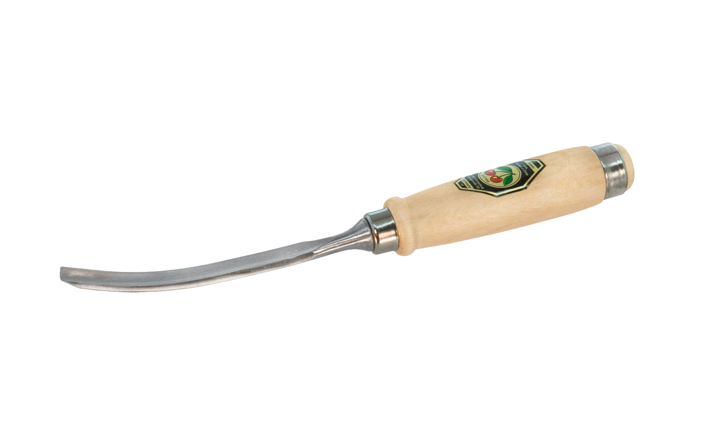 Model 1471-12MM. A 12 mm Curved Gouge made by Two Cherries in Germany. It has an upturned curve in the length of the blade. The bevel is on the outside of the blade & is great for use in working concave hollows. Two Cherries Series 1471.    High carbon steel - Tempered to Rc61 Rockwell. Steel ferrule. Made in Germany