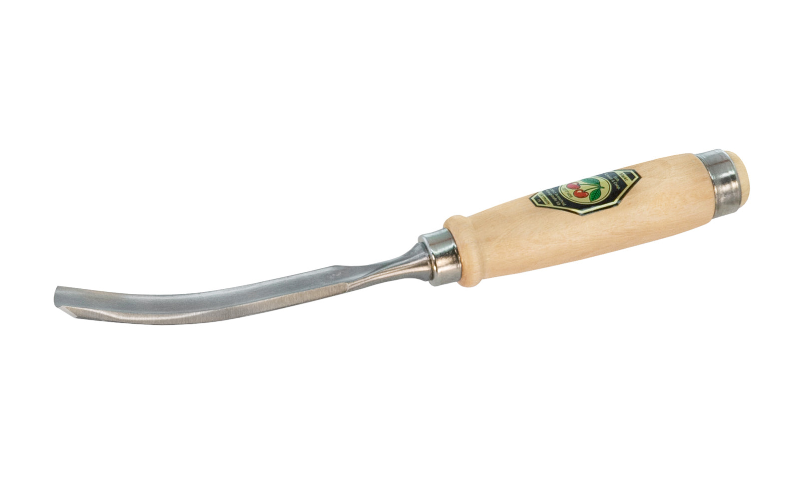 Model 1471-16MM. A 16 mm Curved Gouge made by Two Cherries in Germany. It has an upturned curve in the length of the blade. The bevel is on the outside of the blade & is great for use in working concave hollows. Two Cherries Series 1471.    High carbon steel - Tempered to Rc61 Rockwell. Steel ferrule. Made in Germany
