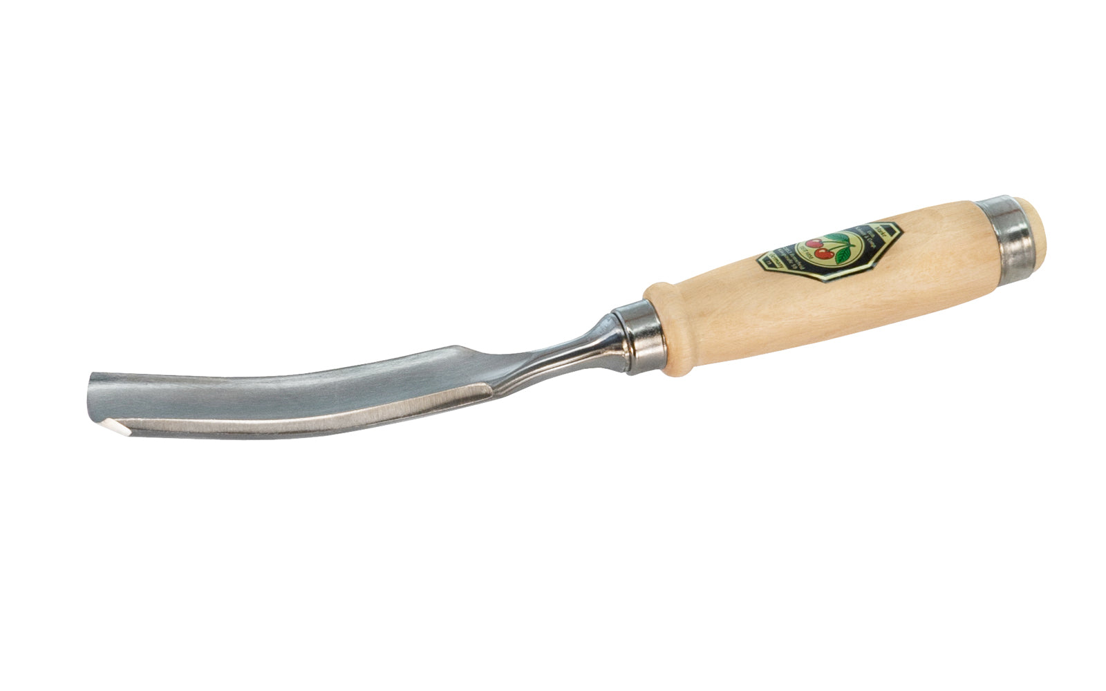 Model 1471-26MM. A 26 mm Curved Gouge made by Two Cherries in Germany. It has an upturned curve in the length of the blade. The bevel is on the outside of the blade & is great for use in working concave hollows. Two Cherries Series 1471.    High carbon steel - Tempered to Rc61 Rockwell. Steel ferrule. Made in Germany