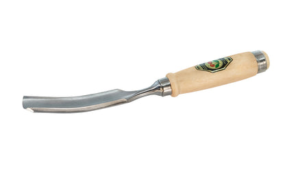 Model 1471-26MM. A 26 mm Curved Gouge made by Two Cherries in Germany. It has an upturned curve in the length of the blade. The bevel is on the outside of the blade & is great for use in working concave hollows. Two Cherries Series 1471.    High carbon steel - Tempered to Rc61 Rockwell. Steel ferrule. Made in Germany
