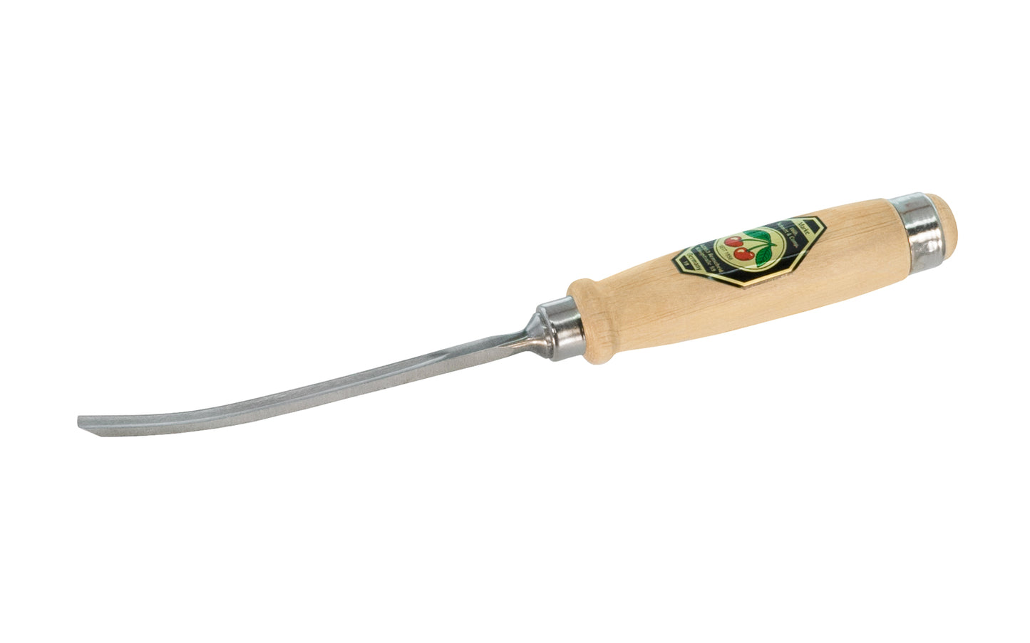 Model 1471-6MM. A 6 mm Curved Gouge made by Two Cherries in Germany. It has an upturned curve in the length of the blade. The bevel is on the outside of the blade & is great for use in working concave hollows. Two Cherries Series 1471.    High carbon steel - Tempered to Rc61 Rockwell. Steel ferrule. Made in Germany
