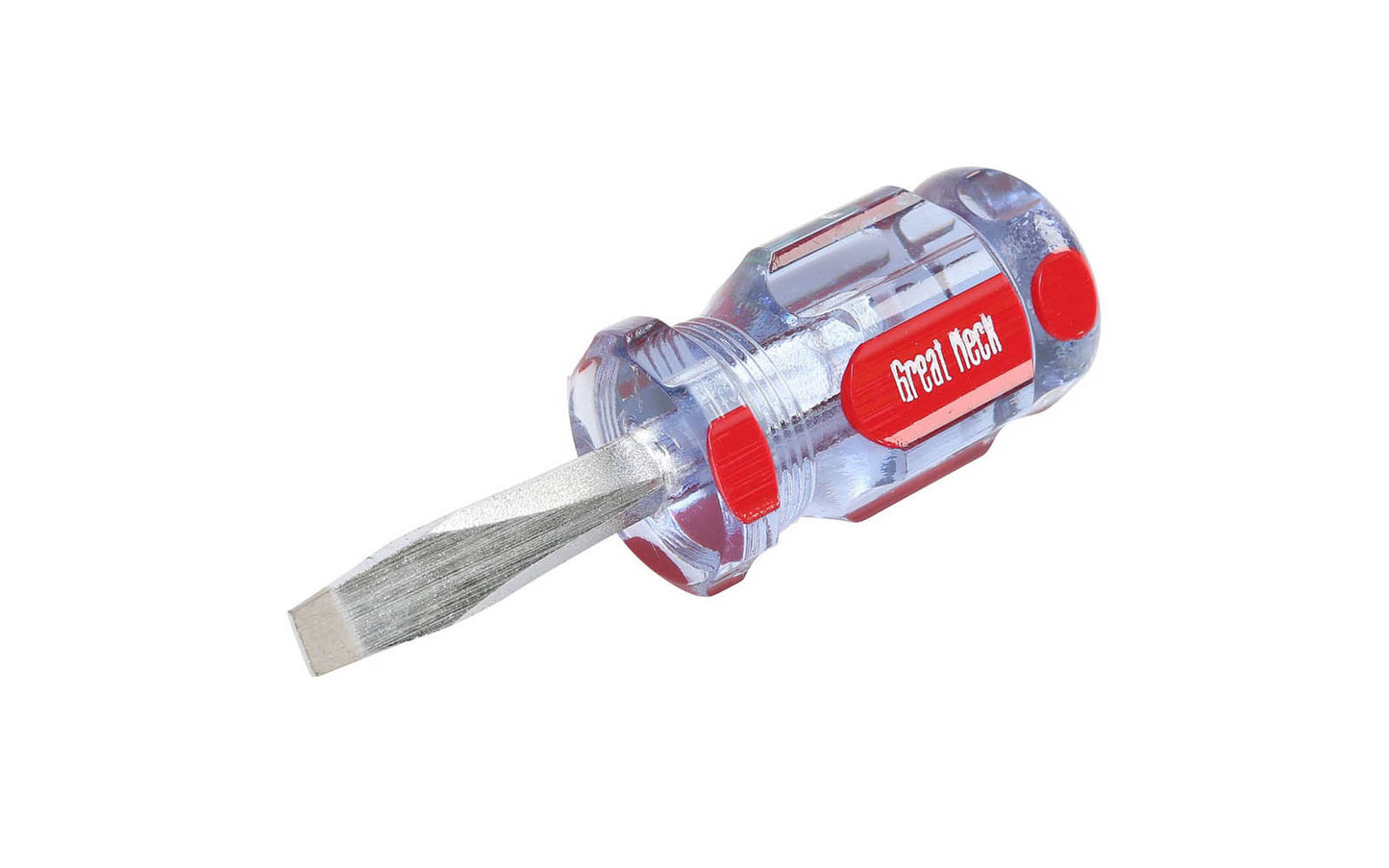 GreatNeck Model A22SC. 1/4" x 1-1/2" long blade. Great Neck Stubby Screwdriver. Precision Ground Sandblasted Tip for a More Secure Fit. Square Shank Provides Additional Turning Capabilities. 3-1/2" overall length. Chrome Vanadium Steel for strength & durability. Acetate Handle. Great Neck's A-Series Screwdriver. Made in USA