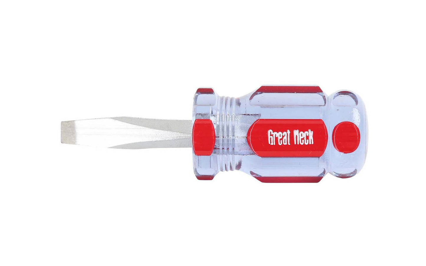 GreatNeck Model A22SC. 1/4" x 1-1/2" long blade. Great Neck Stubby Screwdriver. Precision Ground Sandblasted Tip for a More Secure Fit. Square Shank Provides Additional Turning Capabilities. 3-1/2" overall length. Chrome Vanadium Steel for strength & durability. Acetate Handle. Great Neck's A-Series Screwdriver. Made in USA