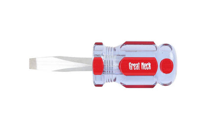 GreatNeck Model A22SC. 1/4" x 1-1/2" long blade. Great Neck Stubby Screwdriver. Precision Ground Sandblasted Tip for a More Secure Fit. Square Shank Provides Additional Turning Capabilities. 3-1/2" overall length. Chrome Vanadium Steel for strength & durability. Acetate Handle. Great Neck's A-Series Screwdriver. Made in USA