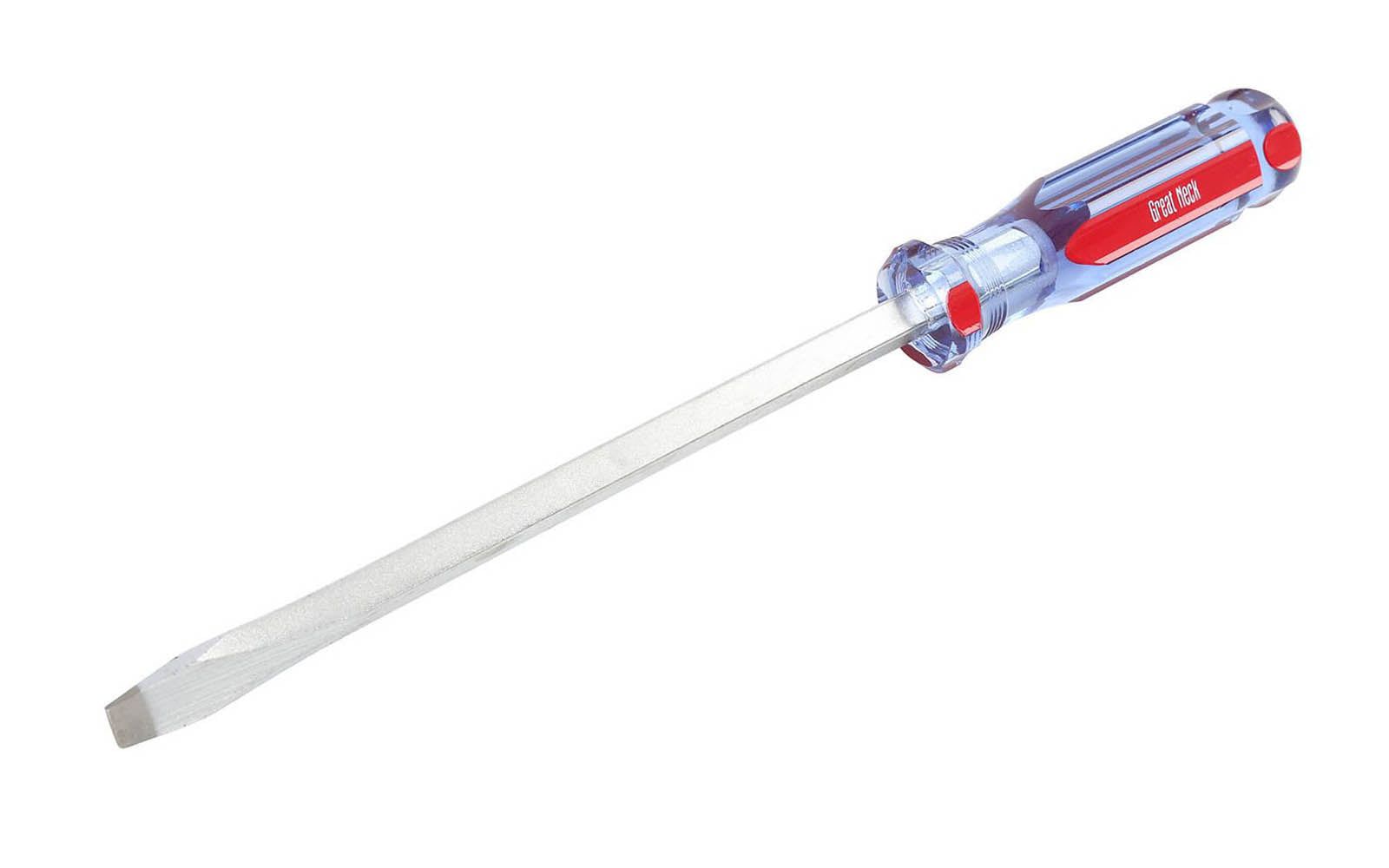 GreatNeck Model A88SC. 3/8" x 8" long blade. Great Neck Screwdriver. Precision Ground Sandblasted Tip for a More Secure Fit. Square Shank Provides Additional Turning Capabilities. 12-3/4" overall length. Chrome Vanadium Steel for strength & durability. Acetate Handle. Great Neck's A-Series Screwdriver. 076812020024
