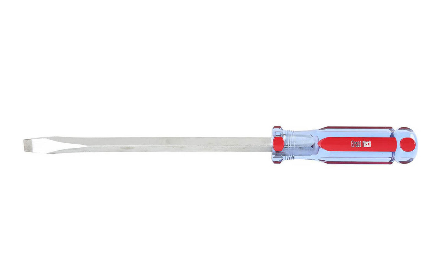 GreatNeck Model A88SC. 3/8" x 8" long blade. Great Neck Screwdriver. Precision Ground Sandblasted Tip for a More Secure Fit. Square Shank Provides Additional Turning Capabilities. 12-3/4" overall length. Chrome Vanadium Steel for strength & durability. Acetate Handle. Great Neck's A-Series Screwdriver. 076812020024