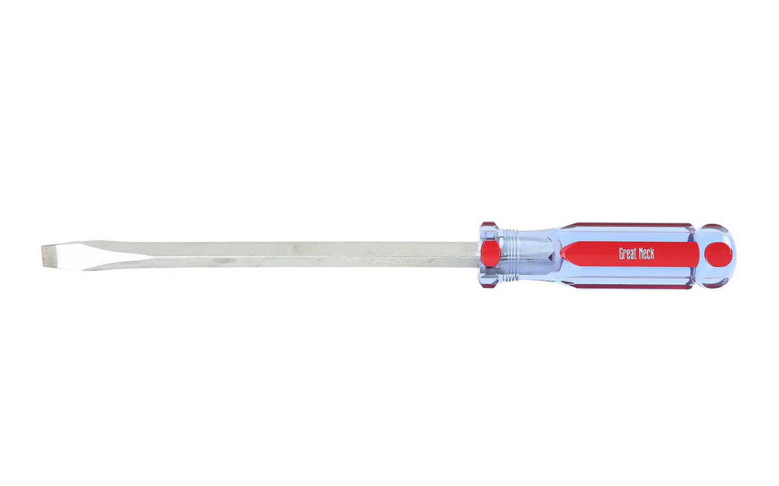 GreatNeck Model A88SC. 3/8" x 8" long blade. Great Neck Screwdriver. Precision Ground Sandblasted Tip for a More Secure Fit. Square Shank Provides Additional Turning Capabilities. 12-3/4" overall length. Chrome Vanadium Steel for strength & durability. Acetate Handle. Great Neck's A-Series Screwdriver. 076812020024