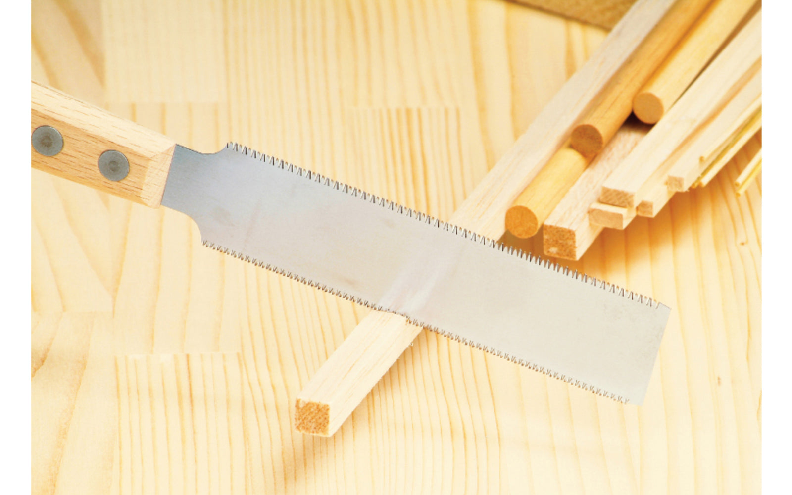 Made in Japan · Japanese Gyokucho Flush Cutting Double Edge Saw Model No. 1151 ~ Very flexible blade ~ Tapered blade - great for tight areas ~ Excellent for fine detail work ~ Blade is riveted in a Beechwood handle ~ A very flexible Japanese pull-saw that's great for fine delicate work & flush cutting