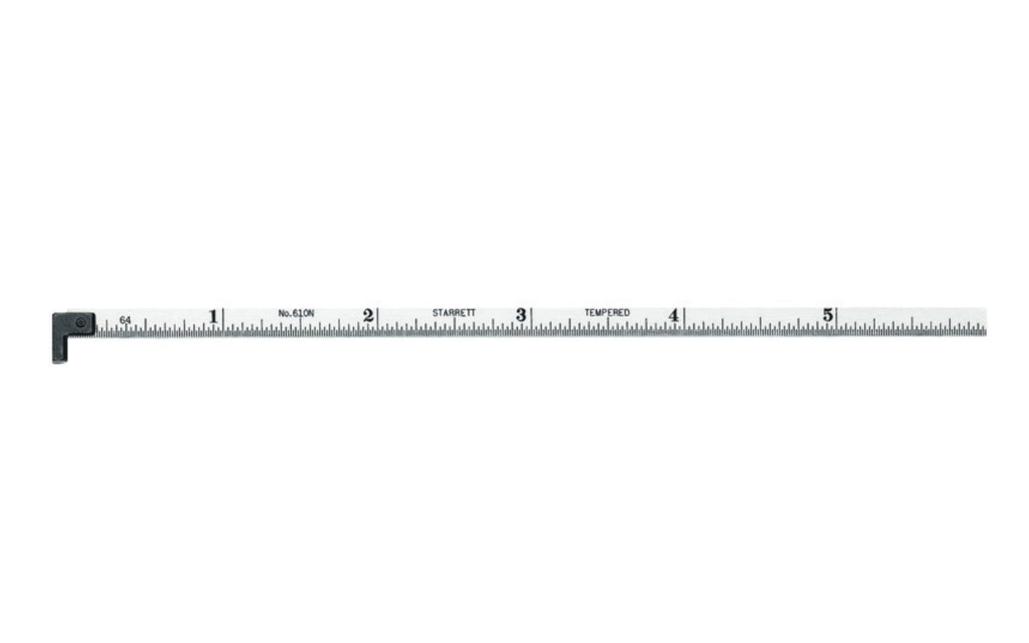 Starrett 6" Narrow Hook Rule - 1/32", 1/64" Grads. Starrett 6" Spring-Tempered Steel Rule with Inch Graduation features a satin chrome finish. Graduations at 32nds on one side and 64ths on reverse side. 6", No. 10 Grad, Narrow Rule, Hook side.  Made in USA. Model H610N-6.