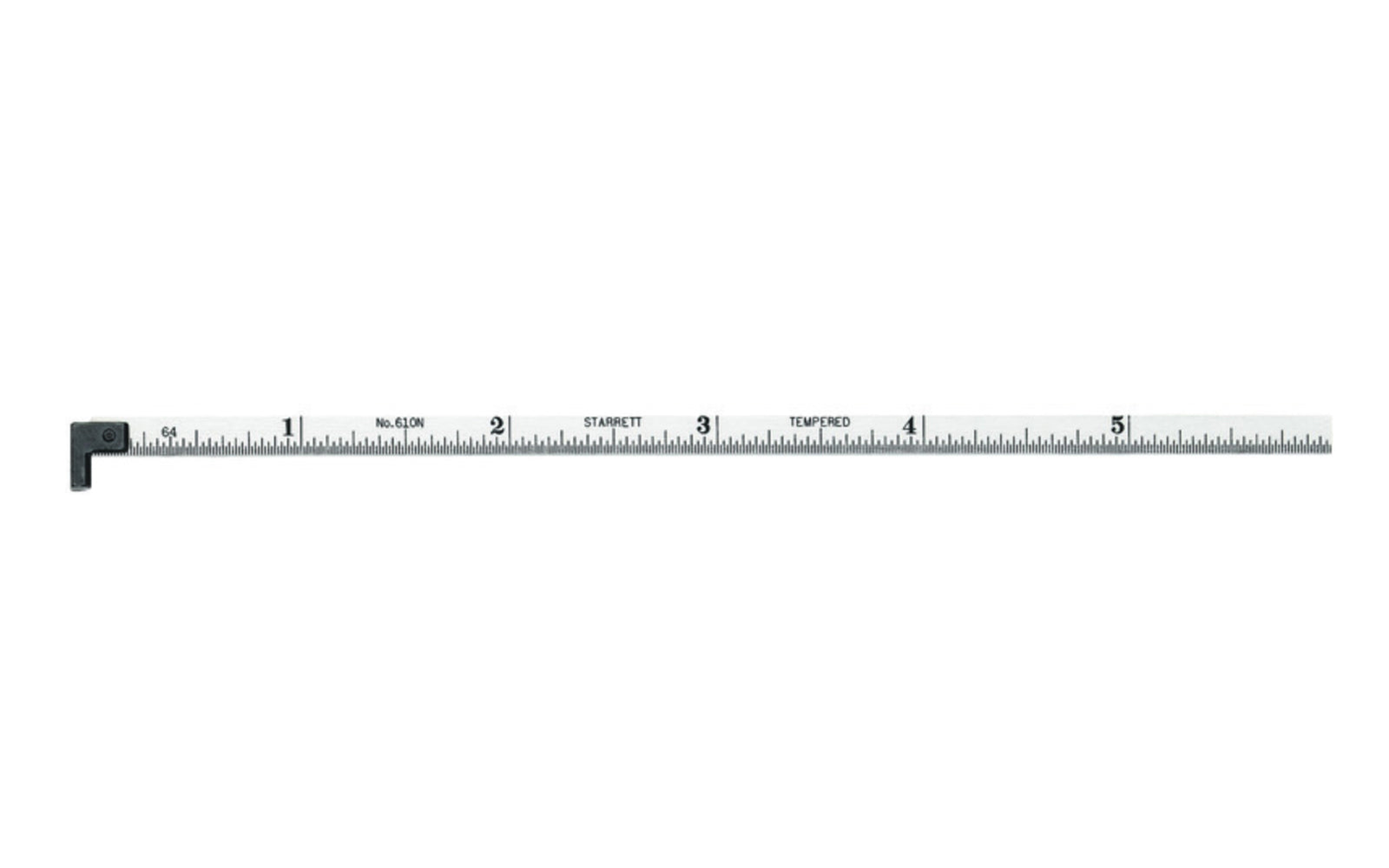 Starrett 6" Narrow Hook Rule - 1/32", 1/64" Grads. Starrett 6" Spring-Tempered Steel Rule with Inch Graduation features a satin chrome finish. Graduations at 32nds on one side and 64ths on reverse side. 6", No. 10 Grad, Narrow Rule, Hook side.  Made in USA. Model H610N-6.