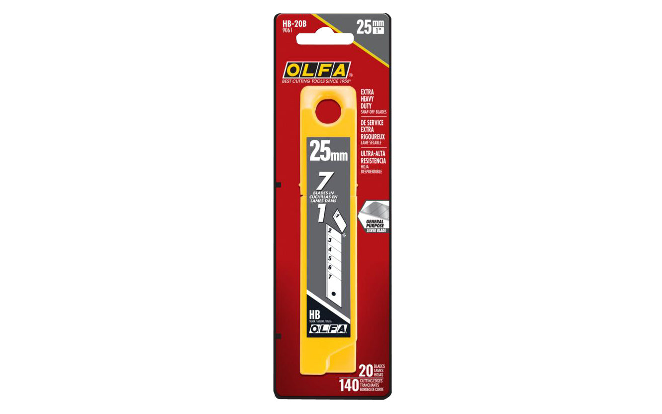 Olfa "HB-20B" 25 mm Replacement Blades are Extra Heavy-Duty Silver Snap-Off Blades. 20 Pack - 25 mm (1") wide blade. Heavy duty snap-off blade. Olfa general purpose silver blade. Expertly honed premium Japanese carbon tool steel provides durability & resilient sharp edge. 091511600315. Olfa Model HB-20B. Made in Japan