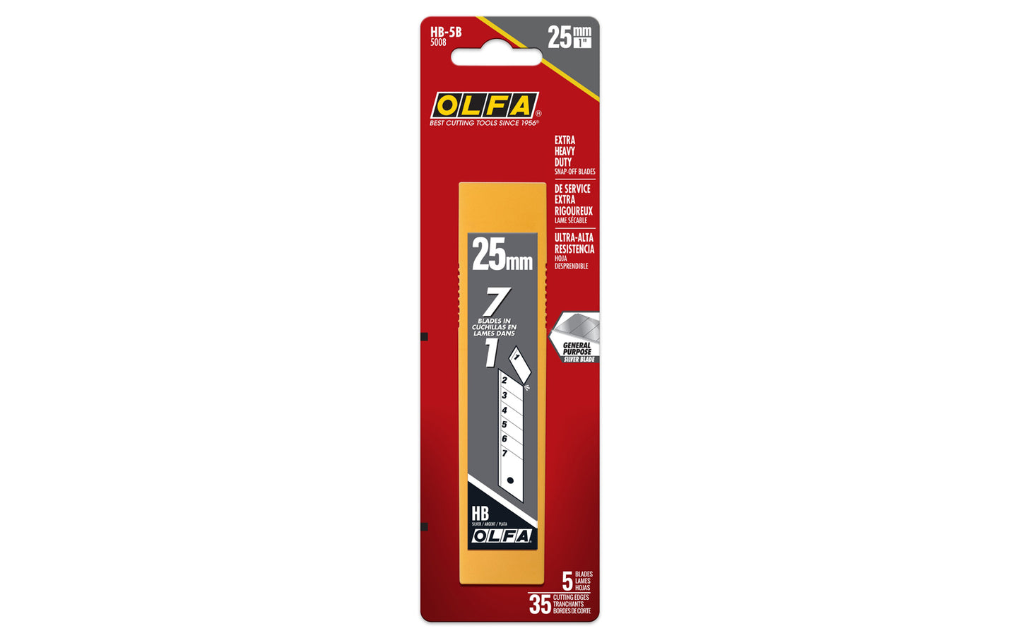 Olfa "HB-5B" 25 mm Replacement Blades are Extra Heavy-Duty Silver Snap-Off Blades. 5 Pack - 25 mm (1") wide blade. Heavy duty snap-off blade. Olfa general purpose silver blade. Expertly honed premium Japanese carbon tool steel provides durability & resilient sharp edge. 091511600209. Olfa Model HB-5B. Made in Japan