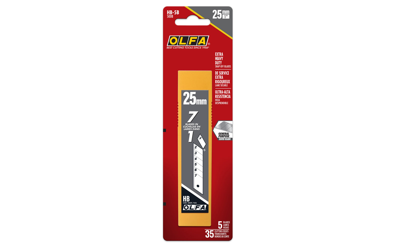 Olfa "HB-5B" 25 mm Replacement Blades are Extra Heavy-Duty Silver Snap-Off Blades. 5 Pack - 25 mm (1") wide blade. Heavy duty snap-off blade. Olfa general purpose silver blade. Expertly honed premium Japanese carbon tool steel provides durability & resilient sharp edge. 091511600209. Olfa Model HB-5B. Made in Japan