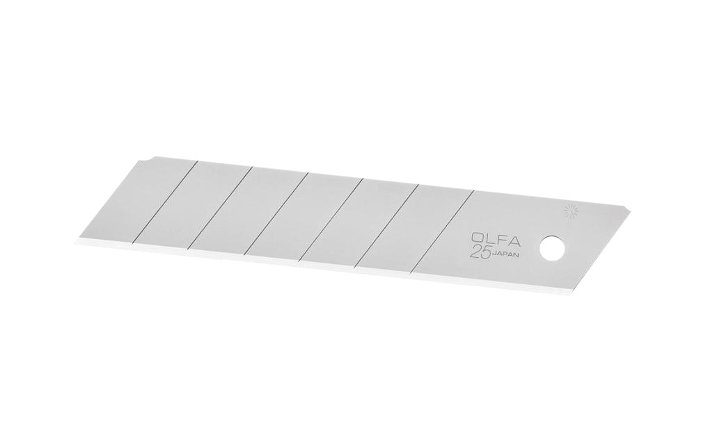 Olfa "HB-20B" 25 mm Replacement Blades are Extra Heavy-Duty Silver Snap-Off Blades. 20 Pack - 25 mm (1") wide blade. Heavy duty snap-off blade. Olfa general purpose silver blade. Expertly honed premium Japanese carbon tool steel provides durability & resilient sharp edge. 091511600315. Olfa Model HB-20B. Made in Japan