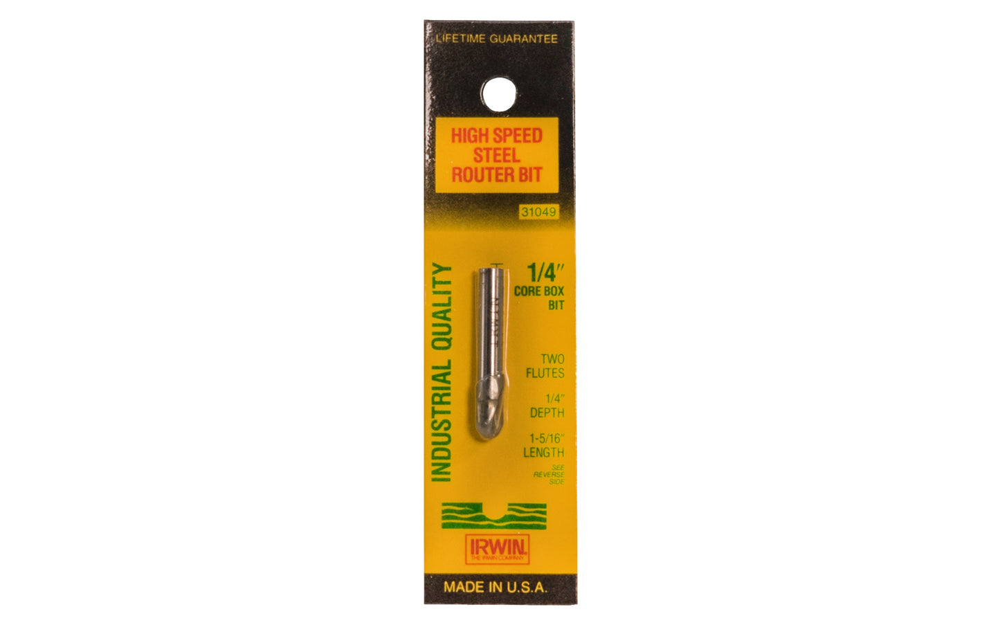 Irwin HSS 1/4" Core Box Router Bit - Made in USA. High Speed Steel Router Bit. Two flutes. 1/4" depth. 1-5/16" length. Irwin Model No. 31049. Made in USA. 042526310492