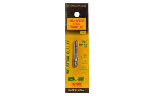 Irwin HSS 1/4" Core Box Router Bit - Made in USA. High Speed Steel Router Bit. Two flutes. 1/4" depth. 1-5/16" length. Irwin Model No. 31049. Made in USA. 042526310492