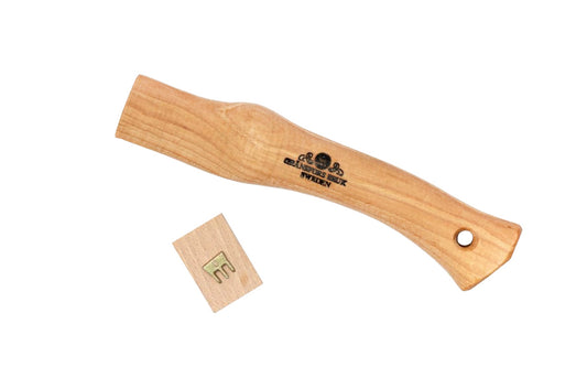 Gränsfors Bruk replacement hickory handle designed for the Hand Hatchet No. 413. The wooden shafts are impregnated with warm linseed oil & beeswax, which increases the quality of the shafts. Includes a wooden wedge & a three-legged iron wedge. Model No. 413H. 7391765478061