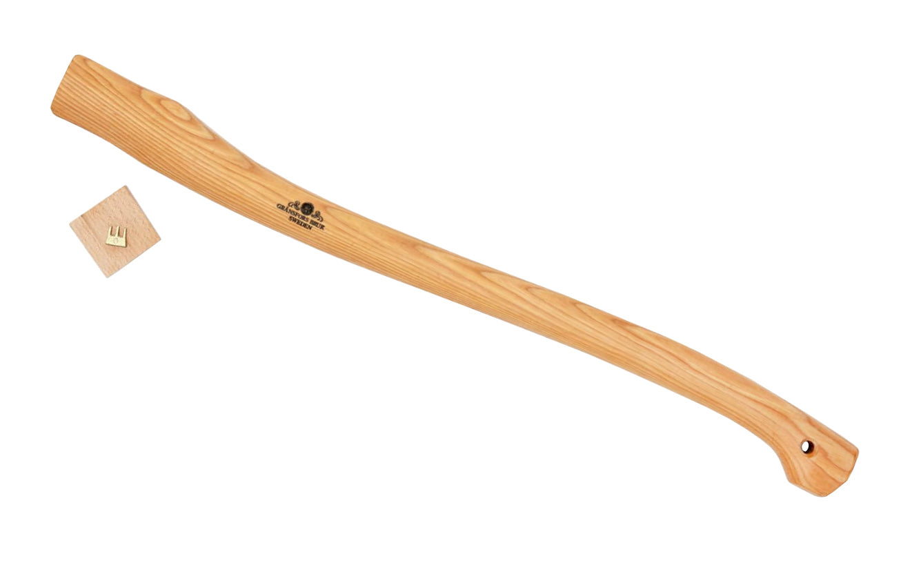 Gränsfors Bruk replacement hickory handle designed for the Scandinavian Axe No. 430. The wooden shafts are impregnated with warm linseed oil & beeswax, which increases the quality of the shafts. Includes a wooden wedge & a three-legged iron wedge. Model No. 430H. 7391765430069