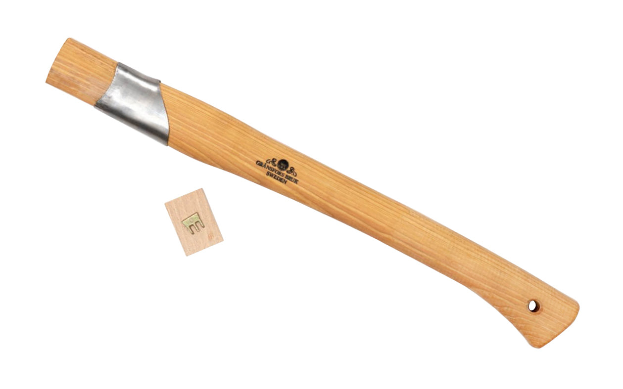 Gränsfors Bruk replacement hickory handle is designed for the Splitting Hatchet No. 439 head. Wooden shaft is impregnated with warm linseed oil & beeswax, which increases the quality. Gränsfors Bruk replacement handle has a collar guard & includes a wooden wedge & three-legged iron wedge. Model No. 439H. 7391765439062
