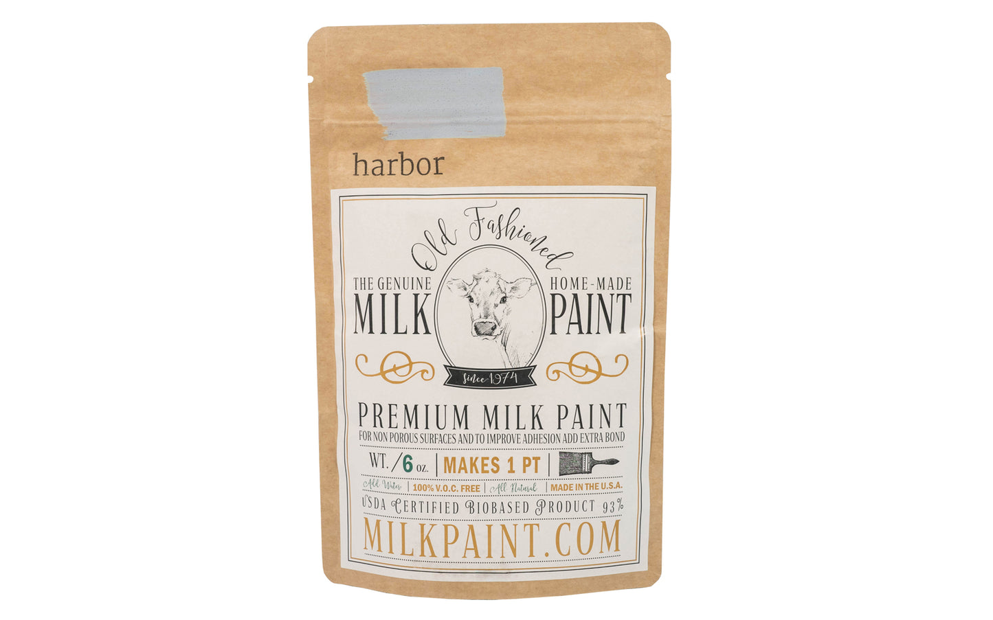 This Milk Paint color is "Harbor" - Soft neutral blue with slight green undertones. Comes in a powder form, you can control how thick/thin you mix the paint. Use it as you would regular paint, thinner for a wash/stain or thicker to create texture. Environmentally safe, non-toxic & is food safe. 100% VOC free. Powder Paint. Made in USA