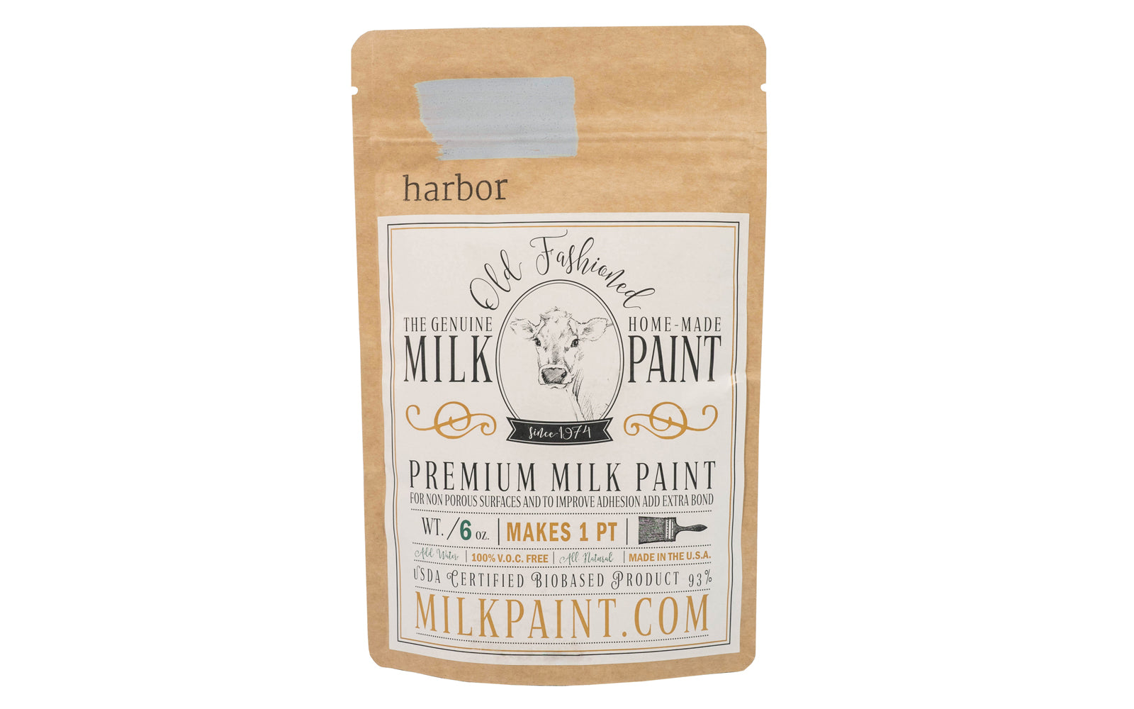 This Milk Paint color is "Harbor" - Soft neutral blue with slight green undertones. Comes in a powder form, you can control how thick/thin you mix the paint. Use it as you would regular paint, thinner for a wash/stain or thicker to create texture. Environmentally safe, non-toxic & is food safe. 100% VOC free. Powder Paint. Made in USA