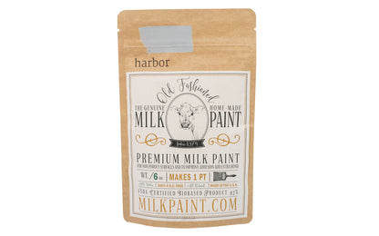 This Milk Paint color is "Harbor" - Soft neutral blue with slight green undertones. Comes in a powder form, you can control how thick/thin you mix the paint. Use it as you would regular paint, thinner for a wash/stain or thicker to create texture. Environmentally safe, non-toxic & is food safe. 100% VOC free. Powder Paint. Made in USA