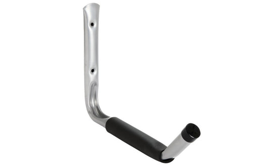 This Heavy Duty Hanger has a 12" resting arm (14" overall projection) and is designed to hold 50 lbs. Arm has no-mar foam sleeve. Mounting hardware is included. Sold as single hanger. 009326208473. ladder hooks. 50 lbs rating